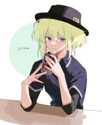 Rule 34 | 1boy, black hat, black shirt, blonde hair, boater hat, character name, cup, drinking glass, elbows on table, food, fruit, hat, highres, holding, holding cup, lio fotia, looking to the side, male focus, official alternate costume, orange (fruit), orange slice, prmattotia, promare, purple eyes, shirt, short hair, sidelocks, soda, solo, trap, white background
