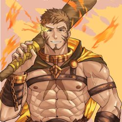 Rule 34 | 1boy, abs, bara, bare pectorals, beard, brown hair, cape, chain, chest harness, club (weapon), facial hair, fire, flaming eye, goatee, harness, heracles (housamo), highres, large pectorals, leather, long sideburns, looking at viewer, male focus, muscular, muscular male, navel, nipples, over shoulder, pectorals, revealing clothes, scar, scar on chest, short hair, sideburns, solo, tokyo houkago summoners, upper body, veins, weapon, weapon over shoulder, yellow cape, yeon (leyonkim)