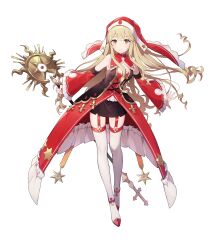 Rule 34 | 1girl, absurdres, artist request, black skirt, blonde hair, detached sleeves, dress, eversoul, frilled sleeves, frills, game cg, garter straps, gown, habit, hair between eyes, highres, holding, holding staff, holding weapon, mage staff, official art, orange eyes, red dress, rose (eversoul), showgirl skirt, skirt, smile, solo, staff, star (symbol), tachi-e, thighhighs, transparent background, weapon, white footwear