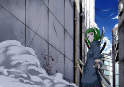 Rule 34 | 1girl, blood, blood splatter, building, cloud, day, goggles, goggles on head, green eyes, green hair, gumi, highres, looking at viewer, matching hair/eyes, short hair, skirt, sky, solo, sword, vocaloid, weapon, yamatoba