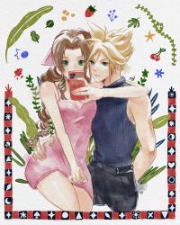 Rule 34 | 1boy, 1girl, aerith gainsborough, arm around neck, arm around waist, arm behind back, black pants, blonde hair, blue eyes, blue shirt, braid, braided ponytail, breasts, cleavage, cloud strife, couple, cowboy shot, cropped legs, dress, earrings, final fantasy, final fantasy vii, final fantasy vii rebirth, final fantasy vii remake, green eyes, hair ribbon, hand on another&#039;s hip, hetero, highres, holding, holding phone, jewelry, long sleeves, looking at phone, medium breasts, pants, parted bangs, phone, pink dress, pink ribbon, raven daze, ribbon, shirt, short dress, short hair, sidelocks, single braid, single earring, sleeveless, sleeveless dress, sleeveless turtleneck, spiked hair, turtleneck