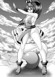 Rule 34 | 1girl, breasts, fatal fury, highres, large breasts, monochrome, ponytail, shiranui mai, solo