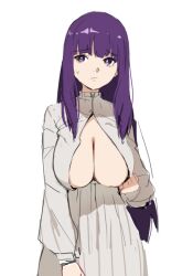Rule 34 | 1girl, blunt bangs, breasts, cleavage, dress, fern (sousou no frieren), frown, furrowed brow, jason kim, large breasts, long hair, long sleeves, looking to the side, purple eyes, purple hair, simple background, sketch, solo, sousou no frieren, standing, sweatdrop, upper body, white background, white dress