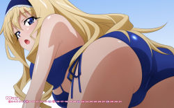 Rule 34 | 10s, 1girl, ass, bikini, blonde hair, blue background, blue bikini, blue eyes, blush, breasts, calendar, cecilia alcott, female focus, from behind, gradient background, highres, infinite stratos, jitome, pussy, large breasts, long hair, looking at viewer, looking back, may, open mouth, shiny skin, side-tie bikini bottom, solo, sugimura tomokazu, swimsuit, wallpaper