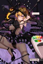Rule 34 | ..., 1girl, alternate costume, bad id, bad pixiv id, black footwear, blonde hair, bound, chain, counter:side, covered erect nipples, crossover, deliciousmeatart, emf reader, english text, high heels, highres, ingrid johanna, looking at viewer, official alternate costume, panties, phasmophobia, pink eyes, speech bubble, sweatdrop, underwear, veil