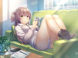 Rule 34 | 1girl, ass, beige sweater, black footwear, book, breasts, brown hair, closed mouth, coffee table, commentary request, controller, couch, curtains, day, doily, feet together, hair ribbon, hanabe (airutu0830 1), highres, holding, holding book, holding manga, indoors, knees up, large breasts, leaf, legs up, long hair, lying, manga (object), notebook, on couch, original, panties, pen, plant, potted plant, reading, remote control, ribbon, shiny skin, side ponytail, sidelocks, smile, socks, solo, sunlight, sweater, table, thighs, underwear, white panties, window, yellow eyes