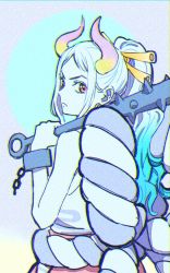 Rule 34 | 1girl, aqua hair, bare arms, bare shoulders, chain, closed mouth, club (weapon), cuffs, curled horns, earrings, from side, hair ornament, hair stick, high ponytail, holding, holding weapon, horns, japanese clothes, jewelry, kanabou, kataginu, long hair, looking at viewer, looking back, multicolored hair, multicolored horns, muted color, one piece, oni, over shoulder, red eyes, red horns, rope, shackles, shimenawa, sidelocks, solo, taro (honyarara00), two-tone hair, upper body, v-shaped eyebrows, weapon, weapon over shoulder, white hair, yamato (one piece), yellow horns