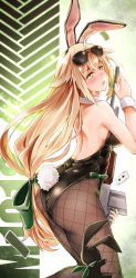 Rule 34 | 1girl, ahoge, animal ears, ass, automatic rifle, aviator sunglasses, back, bare shoulders, black leotard, blonde hair, blush, breasts, detached collar, eyewear on head, fake animal ears, from behind, girls&#039; frontline, green eyes, gun, highres, large breasts, leotard, light machine gun, long hair, looking at viewer, looking back, low-tied long hair, m1918 (bunny girl) (girls&#039; frontline), m1918 (girls&#039; frontline), m1918 bar, machine gun, official alternate costume, open mouth, pantyhose, playboy bunny, rabbit ears, rabbit girl, rabbit tail, shoulder blades, solo, squad automatic weapon, sunglasses, tail, thighs, very long hair, weapon, wrist cuffs, yilan un