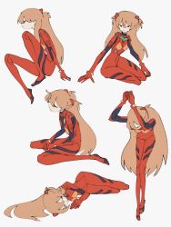 Rule 34 | 1girl, arm support, arms up, blue eyes, bodysuit, brown hair, closed eyes, from side, full body, highres, interface headset, knees up, long hair, looking at viewer, looking to the side, lying, multiple views, neon genesis evangelion, on side, plugsuit, red bodysuit, simple background, sitting, souryuu asuka langley, standing, swirl9017, very long hair, wariza, white background