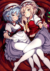 Rule 34 | 2girls, ascot, bat wings, blonde hair, blue hair, breasts, brooch, clothes lift, commentary request, crystal, dress, dress lift, feet out of frame, flandre scarlet, grin, hair between eyes, hand up, hat, hat ribbon, holding, holding weapon, jewelry, lifting own clothes, long hair, looking at viewer, lying, medium breasts, midriff, mob cap, multiple girls, navel, no shoes, on back, on side, one side up, opanchu (hakusen), open mouth, pantyhose, petticoat, pointy ears, puffy short sleeves, puffy sleeves, red ascot, red eyes, red ribbon, red sash, red skirt, red vest, remilia scarlet, ribbon, sash, short hair, short sleeves, siblings, sisters, skirt, skirt lift, skirt set, smile, touhou, vest, weapon, white dress, white hat, white legwear, wings, yellow ascot