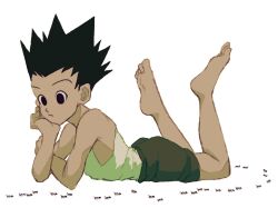 Rule 34 | 1boy, ant, bare shoulders, barefoot, black eyes, black hair, bug, child, expressionless, feet, full body, gon freecss, green shorts, hand on own face, highres, hunter x hunter, insect, kaze no, looking down, lying, male focus, on stomach, shirt, short hair, shorts, simple background, sleeveless, soles, solo, spiked hair, toes, white background, white shirt