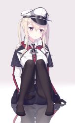 Rule 34 | 10s, 1girl, :o, anchor symbol, bad id, bad pixiv id, black gloves, black pantyhose, blonde hair, capelet, caplet, cnm, collared shirt, full body, gloves, graf zeppelin (kancolle), hat, kantai collection, military, military uniform, necktie, pale skin, pantyhose, peaked cap, pleated skirt, purple eyes, reflection, shirt, sitting, skirt, solo, twintails, uniform, white hat, white shirt