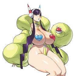 Rule 34 | 1girl, absurdres, black hair, blue lips, breasts, creatures (company), curvy, deep skin, down jacket, elesa (pokemon), game freak, heart pasties, highres, huge breasts, jacket, lips, lipstick, long hair, looking at viewer, makeup, maniacpaint, nail polish, navel, nintendo, pasties, plump, pokemon, pokemon bw2, sagging breasts, simple background, solo, thick thighs, thighs, white background, wide hips