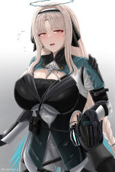Rule 34 | 1girl, archstreal, bianca: stigmata (exorcist) (punishing: gray raven), bianca (punishing: gray raven), black gloves, blonde hair, blush, breasts, cleavage cutout, clothing cutout, gloves, grey pants, halo, highres, holding hands, jacket, large breasts, long hair, long sleeves, looking at viewer, open mouth, orange eyes, pants, parted bangs, punishing: gray raven, sidelocks, solo focus, tight clothes, tight pants