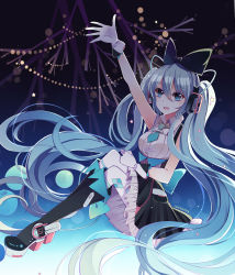 Rule 34 | 10s, 1girl, 2016, arm up, bad id, bad pixiv id, baocaizi, black footwear, blue eyes, blue hair, boots, dated, dress, gloves, hatsune miku, headphones, highres, knee boots, long hair, magical mirai (vocaloid), magical mirai miku, magical mirai miku (2016), matching hair/eyes, necktie, open mouth, pantyhose, sitting, solo, twintails, very long hair, vocaloid