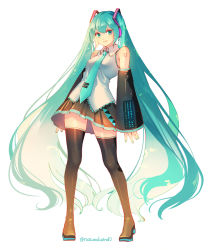 Rule 34 | 1girl, aqua eyes, aqua hair, aqua necktie, black skirt, black thighhighs, closed mouth, commentary request, derivative work, detached sleeves, full body, hatsune miku, long hair, looking at viewer, natural wind, necktie, number tattoo, shoulder tattoo, simple background, skirt, sleeves past wrists, smile, solo, standing, tattoo, thighhighs, twintails, twitter username, very long hair, vocaloid, vocaloid boxart pose, white background, zettai ryouiki