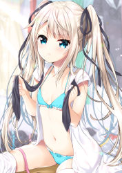 Rule 34 | 1girl, :t, black ribbon, blonde hair, blue bra, blue eyes, blue panties, blurry, blurry background, blush, bow, bow bra, bow panties, bra, breasts, closed mouth, collared shirt, commentary request, depth of field, dress shirt, hair ribbon, hands up, holding, long hair, navel, open clothes, open shirt, original, panties, pout, ribbon, shirt, short sleeves, sitting, small breasts, solo, thighhighs, twintails, uchuuneko, underwear, v-shaped eyebrows, very long hair, white shirt, white thighhighs