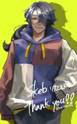 Rule 34 | 1boy, commission, cowboy shot, earrings, english text, glasses, grey eyes, grey hair, hair over one eye, hand in pocket, highres, hood, hoodie, jewelry, long hair, long sleeves, looking at viewer, male focus, multicolored clothes, one eye covered, original, ponytail, puffy sleeves, single earring, skeb commission, smile, uu0000322, yellow background