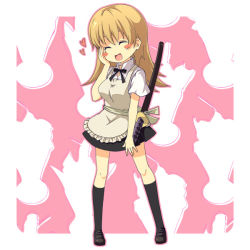 Rule 34 | 1girl, :d, ^ ^, apron, black socks, blonde hair, blush stickers, breasts, closed eyes, closed eyes, female focus, full body, hand on own face, heart, katana, kneehighs, kouji (campus life), loafers, long hair, open mouth, scabbard, sheath, shoes, skirt, smile, socks, solo, standing, sword, todoroki yachiyo, waitress, weapon, white background, working!!
