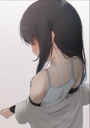 Rule 34 | 1girl, arm warmers, asashio (kancolle), back, back focus, bare shoulders, black hair, blush, bra, bra strap, commentary request, facing away, from behind, hickey, highres, kantai collection, long hair, nagatsukiin, nape, off shoulder, simple background, solo, sweat, underwear, undressing, upper body