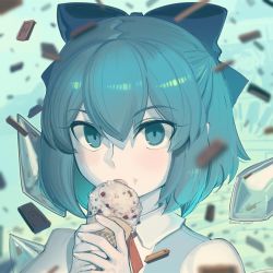 Rule 34 | 1girl, blue bow, blue eyes, blue hair, blurry, boa (brianoa), bow, chocolate, cirno, collared shirt, commentary, eating, english commentary, food, food on face, hair between eyes, hair bow, half updo, hands up, highres, holding, holding food, ice, ice cream, ice wings, light blush, looking at viewer, neck ribbon, open mouth, portrait, red ribbon, ribbon, shirt, short hair, sidelocks, solo, touhou, twitter username, white shirt, wings