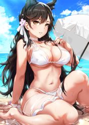 Rule 34 | 1girl, animal ears, arm support, artist name, atago (azur lane), atago (summer march) (azur lane), azur lane, beach, beach umbrella, bikini, black hair, blush, breasts, brown eyes, collarbone, commentary request, day, flower, grin, hair flower, hair ornament, highres, knee up, large breasts, long hair, looking at viewer, mole, mole under eye, nail polish, navel, outdoors, parted lips, partially submerged, red nails, sakiyamama, signature, sitting, skindentation, smile, solo, strap pull, swept bangs, swimsuit, umbrella, white bikini, white umbrella