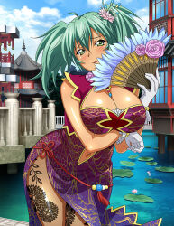 Rule 34 | 1girl, ahoge, alternate costume, aqua hair, blush, breast rest, breasts, china dress, chinese clothes, cleavage, clothing cutout, day, dress, flower, gloves, green eyes, hair between eyes, hair flower, hair ornament, hand fan, holding, holding fan, ikkitousen, large breasts, leg tattoo, long hair, looking at viewer, midriff, navel, navel cutout, open mouth, outdoors, pink flower, print dress, purple dress, red ribbon, ribbon, ryofu housen, shiny skin, side slit, sleeveless, sleeveless dress, solo, stomach, tattoo, twintails, white gloves