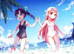 Rule 34 | 2girls, beach, black hair, black one-piece swimsuit, blonde hair, blue eyes, blue sky, cloud, day, hair ribbon, hairband, holding hands, lolita hairband, long hair, multiple girls, ocean, one-piece swimsuit, open mouth, original, outdoors, palm tree, red eyes, revision, ribbon, side ponytail, sky, smile, swimsuit, tree, very long hair, water, white one-piece swimsuit, yan (nicknikg)