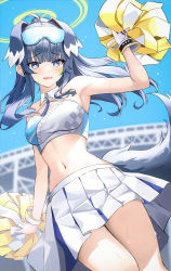 Rule 34 | 1girl, absurdres, animal ears, arm up, armpits, bare arms, bare shoulders, black hair, blue archive, blue eyes, blue sky, blush, cheerleader, cowboy shot, criss-cross halter, crop top, dog ears, dog tail, dutch angle, facial mark, fang, floating hair, halo, halterneck, hibiki (blue archive), hibiki (cheer squad) (blue archive), highres, holding, holding pom poms, long hair, millennium cheerleader outfit (blue archive), miniskirt, nacho (nacho 1103), navel, official alternate costume, parted lips, pleated skirt, pom pom (cheerleading), pom poms, raised eyebrows, skin fang, skirt, sky, solo, star (symbol), star facial mark, stomach, sweat, tail, text print, thighs, wavy mouth, white skirt
