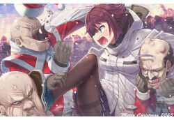 Rule 34 | 1girl, 3boys, anger vein, angry, black pantyhose, blood, blood from mouth, blue eyes, blush, bruise, christmas girl (itou), commentary, commentary request, crowd, face punch, fighting, glasses, gloves, hat, highres, hood, hoodie, in the face, injury, itou (onsoku tassha), jacket, multiple boys, pantyhose, pleated skirt, punching, santa claus, santa costume, santa hat, shouting, skirt, white hoodie