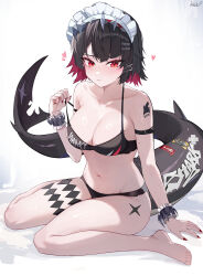 1girl absurdres alternate_costume arm_strap bare_shoulders barefoot black_bra black_hair blush bra bracelet breasts cleavage closed_mouth collarbone colored_inner_hair duplicate ellen_joe fingernails fins fish_tail frilled_bracelet hair_ornament hand_on_floor heart highres jewelry kkato large_breasts looking_at_viewer maid_headdress multicolored_hair nail_polish navel pixel-perfect_duplicate red_eyes red_hair red_nails shark_tail short_hair simple_background sitting solo stomach strap_pull swimsuit tail tattoo thick_eyelashes thighs underwear wariza white_background zenless_zone_zero