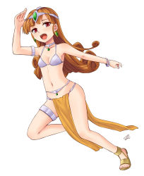 Rule 34 | 1girl, alena (dq4), breasts, brown hair, choker, cleavage, cosplay, dragon quest, dragon quest iv, earrings, highres, jewelry, long hair, manya (dq4), manya (cosplay), miyo (ranthath), mouth hold, navel, open mouth, pelvic curtain, red eyes, sandals, smile, solo, thighlet, tiara