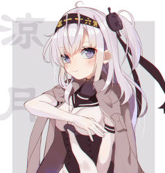 Rule 34 | 10s, 1girl, black bodysuit, bodysuit, clothes writing, coat, corset, gloves, headband, jacket, jacket on shoulders, kantai collection, long hair, mokou (elowtf), one side up, silver hair, solo, suzutsuki (kancolle), upper body, white gloves