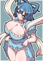 Rule 34 | 1girl, blue eyes, blue hair, blush, breasts, cleavage, clothes lift, dress, dress lift, emina, from above, hagoromo, hair ornament, hair rings, hair stick, highres, huge breasts, kaku seiga, lifting own clothes, looking at viewer, one-hour drawing challenge, outline, shawl, skirt, skirt lift, solo, thighs, touhou, white outline