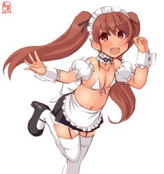 Rule 34 | 1girl, alternate costume, apron, artist logo, bikini, black skirt, breasts, brown eyes, brown hair, collarbone, commentary request, covered erect nipples, cowboy shot, dark-skinned female, dark skin, dated, detached collar, detached sleeves, enmaided, frilled apron, frilled skirt, frills, front-tie top, garter straps, highres, kanon (kurogane knights), kantai collection, libeccio (kancolle), long hair, looking at viewer, maid, maid bikini, maid headdress, navel, pleated skirt, simple background, skirt, small breasts, smile, solo, swimsuit, tan, thighhighs, twintails, unconventional maid, waist apron, white apron, white background, white bikini, white thighhighs