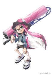 Rule 34 | 1girl, absurdres, bad id, bad pixiv id, bike shorts, black shorts, blunt bangs, chamu (chammkue), commentary request, cross-laced footwear, drawr, full body, grey jacket, hat, highres, holding, holding weapon, ink tank (splatoon), inkling, inkling girl, inkling player character, jacket, long hair, looking at viewer, nintendo, no legwear, oekaki, over shoulder, parted lips, pink hat, pointy ears, shoes, shorts, simple background, smile, solo, splat roller (splatoon), splatoon (series), splatoon 1, standing, tentacle hair, twitter username, weapon, weapon over shoulder, white background, white footwear
