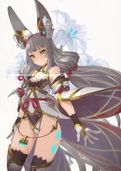 Rule 34 | 1girl, animal ear fluff, animal ears, bare shoulders, bell, black leotard, breasts, brown eyes, cleavage, closed mouth, commentary request, detached sleeves, floral background, flower, gloves, glowing, grey background, grey hair, groin, highleg, highleg leotard, highres, jingle bell, leotard, long hair, looking at viewer, low twintails, nia (blade) (xenoblade), nia (xenoblade), nintendo, niyah, revision, small breasts, solo, spoilers, thighhighs, twintails, v-shaped eyebrows, very long hair, white flower, white gloves, white sleeves, white thighhighs, wide sleeves, xenoblade chronicles (series), xenoblade chronicles 2, yunar