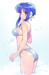 Rule 34 | 1girl, ass, bare arms, bare shoulders, bikini, blue background, blue bikini, blue hair, breasts, commentary request, gradient background, highres, ilfa (to heart), large breasts, long hair, looking at viewer, matsuda (matsukichi), purple eyes, sidelocks, smile, solo, standing, swimsuit, thighs, to heart (series), to heart 2, white background