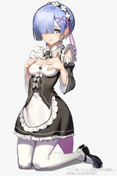 Rule 34 | 10s, 1girl, apron, blue eyes, blue hair, blunt bangs, breasts, cleavage, detached collar, detached sleeves, frill trim, frills, grey background, hair ornament, hair over one eye, hair ribbon, hairband, hands on own chest, kneeling, lolita hairband, looking at viewer, mary janes, medium breasts, open mouth, re:zero kara hajimeru isekai seikatsu, rem (re:zero), ribbon, seinen, shoes, short hair, simple background, solo, thighhighs, underbust, waist apron, watermark, web address, weibo watermark, white thighhighs, x hair ornament