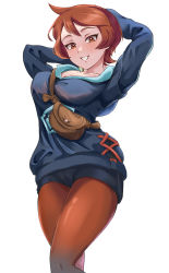 Rule 34 | 1girl, absurdres, ahoge, arezu (pokemon), arms behind head, arms up, blush, breasts, brown bag, brown eyes, brown hair, collarbone, commentary request, creatures (company), diamond clan outfit, game freak, gradient clothes, highres, hood, hood down, long sleeves, looking at viewer, medium breasts, nagaya (arx7sagara), nintendo, pantyhose, pantyhose under shorts, parted lips, pokemon, pokemon legends: arceus, red pantyhose, shiny clothes, short hair, shorts, simple background, smile, solo