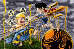 Rule 34 | 2boys, bangle, barefoot, black hair, bracelet, chibi, earrings, electricity, enel, fighting, gold, jewelry, lightning, male focus, monkey d. luffy, multiple boys, one piece, rubber, sash, sceney, topless male, skypiea, storm, torn clothes, weapon