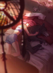 Rule 34 | 1girl, anihelate, artist name, bed, blurry, bra, closed eyes, commentary, commission, depth of field, dolphin shorts, dream catcher, english commentary, haruno sakura, highres, lying, naruto, naruto (series), on side, pillow, pink hair, plaid, plaid bra, plaid shorts, purple bra, purple shorts, shorts, sleeping, underwear, wolf