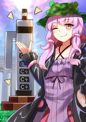 Rule 34 | 1girl, ;), blush, bomb, c-4, c4, camouflage, camouflage headwear, coat, dress, e.o., explosive, highres, long hair, looking at viewer, low-tied long hair, one eye closed, pink eyes, pink hair, sketch, smile, solo, vocaloid, voiceroid, yuzuki yukari