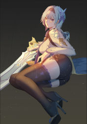 Rule 34 | &gt;:(, 1girl, absurdres, angry, black background, blue hair, boots, breasts, eula (genshin impact), garter straps, genshin impact, hair ornament, headband, high heel boots, high heels, highres, large breasts, long sword, looking at viewer, medium hair, shorts, simple background, skindentation, solo, sword, thigh boots, thighhighs, v-shaped eyebrows, weapon, zettai ryouiki