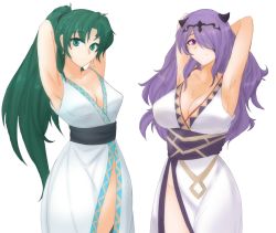 Rule 34 | 2girls, armpits, arms behind head, arms up, breasts, camilla (fire emblem), cleavage, closed mouth, collarbone, crown, curvy, earrings, female focus, fire emblem, fire emblem: the blazing blade, fire emblem fates, fire emblem heroes, frown, green eyes, green hair, japanese clothes, jewelry, kimono, large breasts, long hair, looking at viewer, lyn (fire emblem), matching hair/eyes, medium breasts, multiple girls, nintendo, no panties, one eye covered, ponytail, purple eyes, purple hair, smile, standing, thighs, transparent background, tridisart, yukata