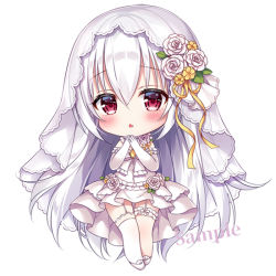 Rule 34 | 1girl, :o, blush, bridal veil, chibi, commentary request, dress, elbow gloves, fang, flower, frilled dress, frills, full body, garter straps, gloves, hair between eyes, hair flower, hair ornament, hands up, long hair, looking at viewer, mitsuba choco, original, parted lips, pleated dress, red eyes, ribbon, rose, sample watermark, see-through, simple background, single thighhigh, solo, thighhighs, veil, very long hair, watermark, wedding dress, white background, white dress, white flower, white gloves, white hair, white rose, white thighhighs, yellow flower, yellow ribbon