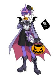 Rule 34 | 1boy, bad id, bad twitter id, bat wings, black flower, black hat, black rose, black shorts, boots, candy, coat, copyright request, cross-laced footwear, crossed bangs, fang, flower, food, full body, halloween bucket, hat, highres, holding, holding candy, holding food, holding lollipop, horns, jack-o&#039;-lantern, lollipop, long sleeves, looking at viewer, male focus, mini hat, mini top hat, mini wings, multicolored hair, one eye closed, pantyhose, purple coat, purple eyes, purple footwear, purple hair, purple pantyhose, rose, samei ikusa, shirt, shorts, simple background, single horn, skin fang, smile, solo, standing, streaked hair, suspender shorts, suspenders, top hat, two-sided coat, two-sided fabric, white background, white shirt, wings