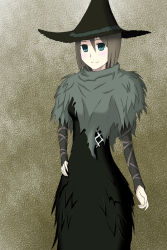 Rule 34 | 1girl, blue eyes, blush, brown hair, demon&#039;s souls, dress, female focus, from software, hat, highres, shawl, short hair, solo, waru, witch, witch hat, yuria the witch