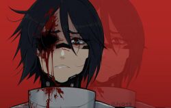 Rule 34 | 1girl, android, black hair, bleeding, blood, blood in hair, blood on face, blue eyes, elster (signalis), frown, highres, hollow eyes, injury, jsq012, looking at viewer, metal skin, missing eye, portrait, red background, red pupils, sad, short hair, signalis, simple background, solo, straight-on, twitter username, zoom layer