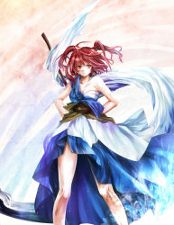 Rule 34 | 1girl, bad id, bad pixiv id, breasts, cleavage, dress, female focus, frown, gradient background, hair bobbles, hair ornament, hand on own hip, medium breasts, onozuka komachi, red eyes, red hair, sarashi, scythe, short hair, silentdin, solo, standing, touhou, twintails, two side up, weapon, weapon on back